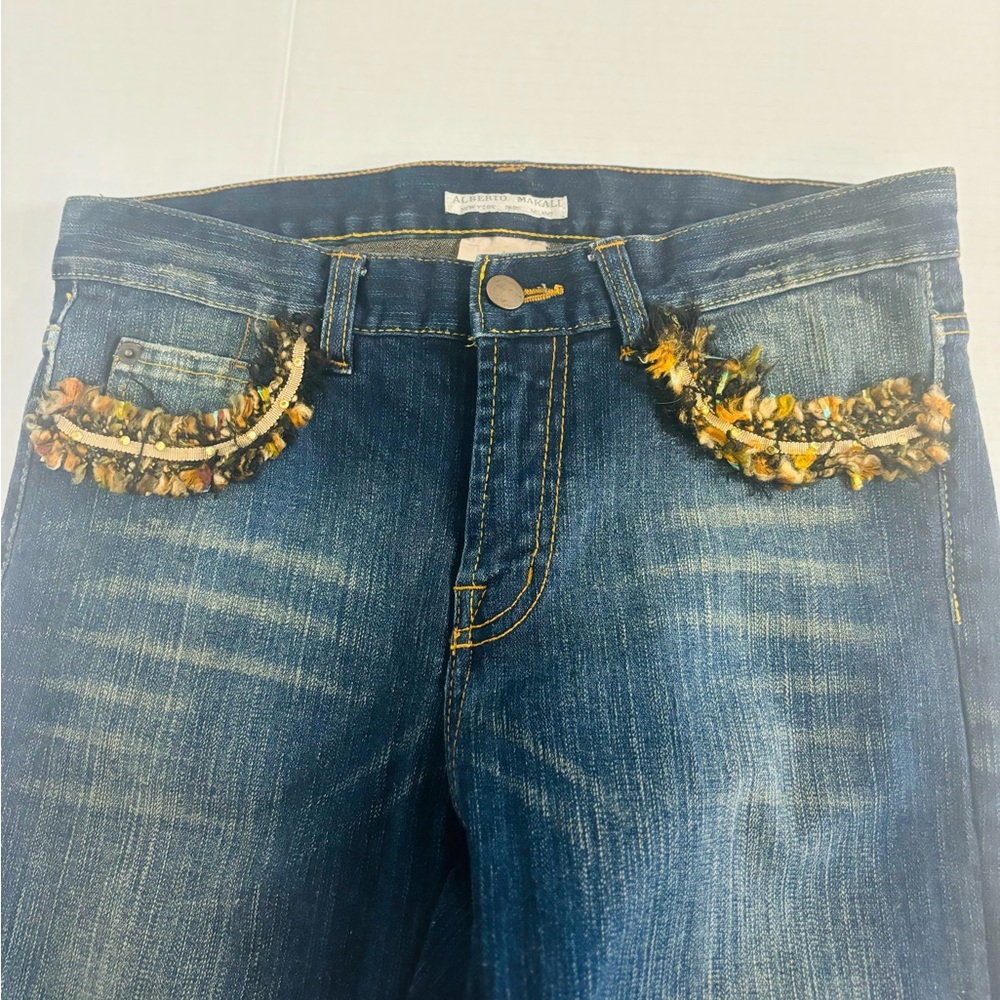 Alberto Makali designer embellished jeans Sz 4 straight leg boho hippie